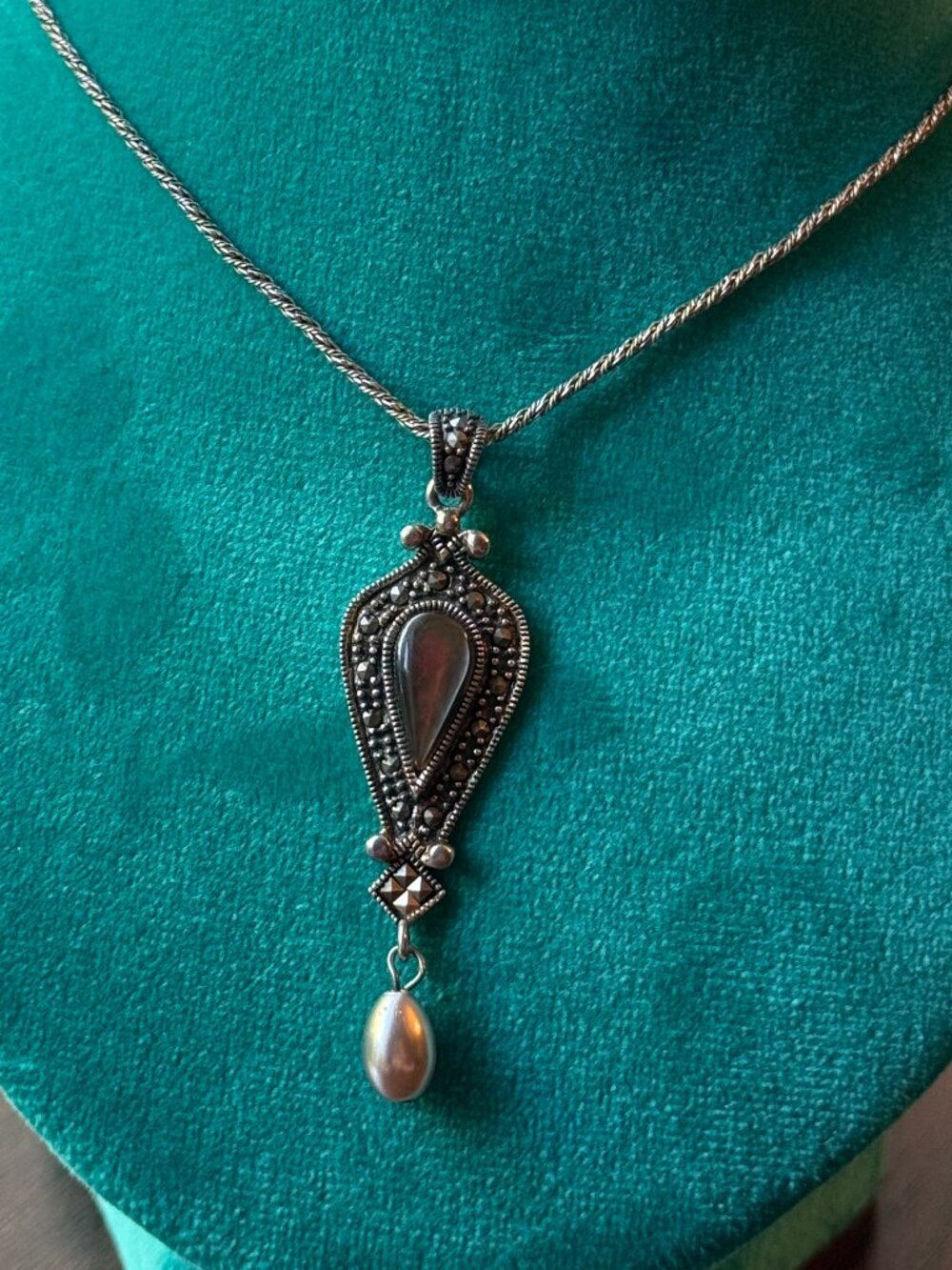 Art Deco Revival Sterling Silver 925 Pendant with Mother of Pearl and Marcasite